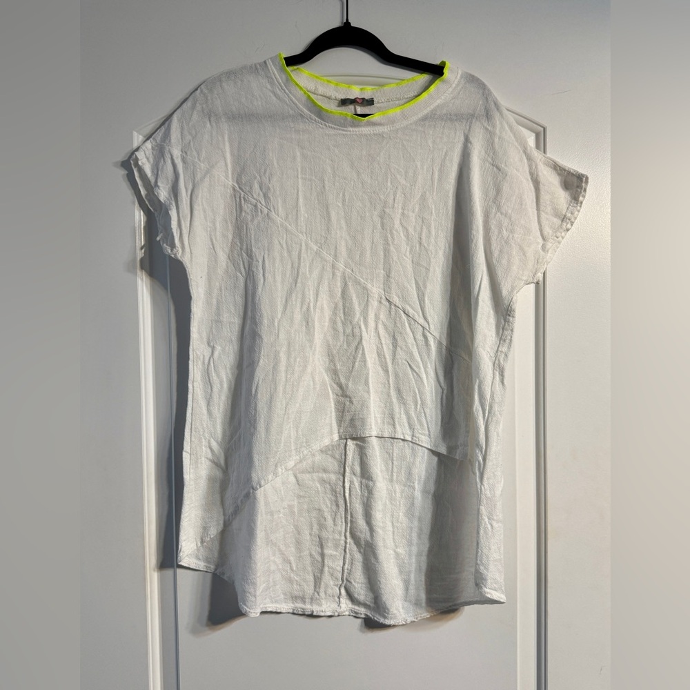 Made in Italy Linen Blend High-Low Tunic Top Women OS White Neon Yellow Trim‎